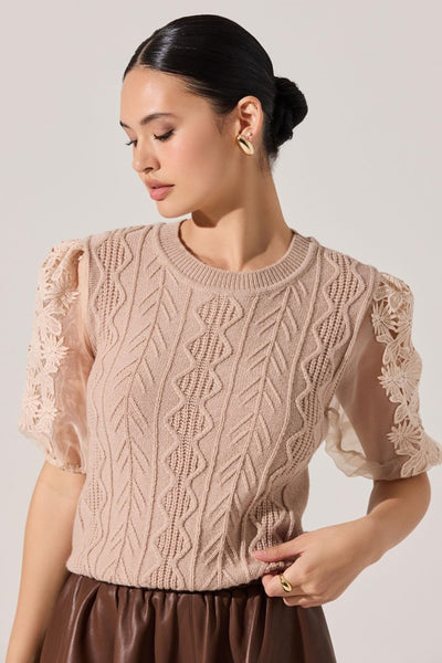 ASTR the Label Elize Sweater Style ACT19008 in Natural; Organza puff sleeves with embroidered floral applique cable knit sweater