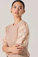 ASTR the Label Elize Sweater Style ACT19008 in Natural; Organza puff sleeves with embroidered floral applique cable knit sweater