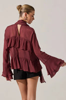 ASTR the Label Fae Tiered Ruffle Top Style ACT19002 in wine; Burgundy Red Ruffle fall blouse; 