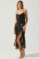 ASTR the Label Gaia Burnout Floral Midi Dress Style ACDR100133SB in Black and Orange; 