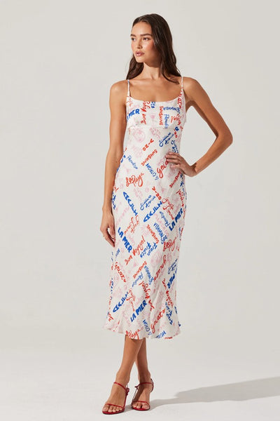ASTR the Label Joan Satin Midi Dress Style ACDR100252NC in White Multi Script; 