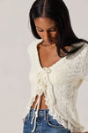 ASTR the Label Lacey Pointelle Tie-Front Cardigan Style ACT19024 in Cream;Pointelle Knit Tie Front Sweater Top; 