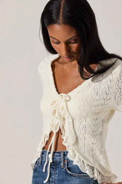 ASTR the Label Lacey Pointelle Tie-Front Cardigan Style ACT19024 in Cream;Pointelle Knit Tie Front Sweater Top; 