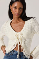 ASTR the Label Lacey Pointelle Tie-Front Cardigan Style ACT19024 in Cream;Pointelle Knit Tie Front Sweater Top; 