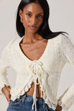 ASTR the Label Lacey Pointelle Tie-Front Cardigan Style ACT19024 in Cream;Pointelle Knit Tie Front Sweater Top; 