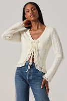 ASTR the Label Lacey Pointelle Tie-Front Cardigan Style ACT19024 in Cream;Pointelle Knit Tie Front Sweater Top; 