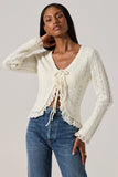 ASTR the Label Lacey Pointelle Tie-Front Cardigan Style ACT19024 in Cream;Pointelle Knit Tie Front Sweater Top; 