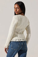 ASTR the Label Lacey Pointelle Tie-Front Cardigan Style ACT19024 in Cream;Pointelle Knit Tie Front Sweater Top; 
