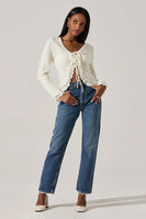 ASTR the Label Lacey Pointelle Tie-Front Cardigan Style ACT19024 in Cream;Pointelle Knit Tie Front Sweater Top; 