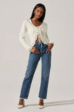 ASTR the Label Lacey Pointelle Tie-Front Cardigan Style ACT19024 in Cream;Pointelle Knit Tie Front Sweater Top; 