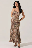 ASTR the Label Maeryn Sweetheart Ruffle Maxi Dress Style ACDR102988 in Taupe Brown Leopard; Animal Print Ruffle Sweetheart Neck Line Fall Dress