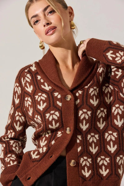 ASTR the Label Marcenia Shawl Collar Cardigan Style ACT19009 in Brown Floral; Fall Cardigan; Floral Fall Cardigan; Shawl Collar Cardigan; 