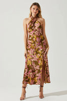 ASTR the Label Marissa Dress Style ACDR101373P in Olive Pink Floral;Floral Midi Dress;Floral Fall Dress;Guest of Dress; 
