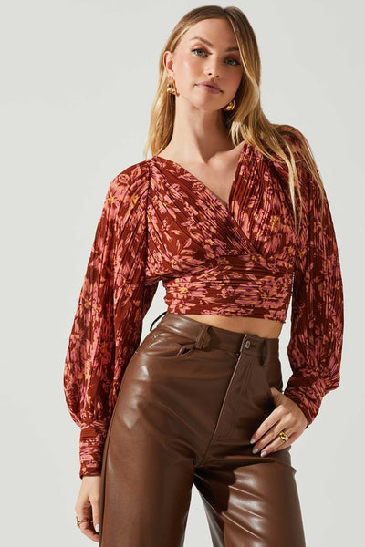 ASTR the Label PERNILLA PLEATED FLORAL PUFF SLEEVE TOP Style ACT17858C in Rust Floral; 