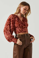 ASTR the Label PERNILLA PLEATED FLORAL PUFF SLEEVE TOP Style ACT17858C in Rust Floral; 