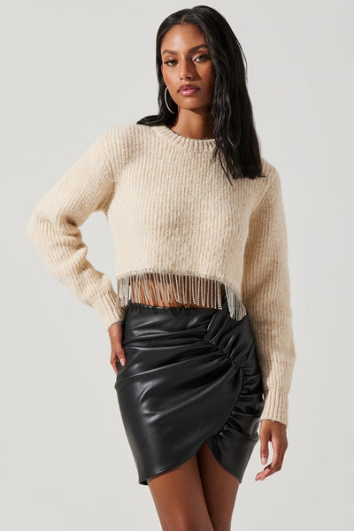 ASTR the Label Palmer Sweater Style ACT17980 in Cream;Crystal Fringe Sweater;Fringe hem sweater;Holiday Style Sweater;Party Sweater; 
