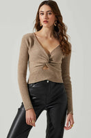 ASTR the Label RYLEE TWIST FRONT CUTOUT SWEATER Style ACT17919 in Taupe;Twist Front Ribbed Sweater;Twist Front Cutout Sweater