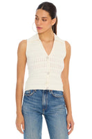Allison Ny Clothing Bodhi Tank Style 225S40110 in White; White Collared Knit Tank Top; White Pearl Button Pointelle Knit Tank Top