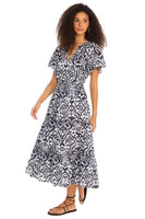 Allison Ny Clothing Elowen Midi Dress Style 125D226P116 in Black White Demask; Black and White Summer Dress