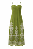 Anna Cate Collection Clothing Carlie Green Ivory Lace Floral Midi Style ACS24. Linen Blend Green with Ivory Floral Summer Midi Dress.  Summer event dress.