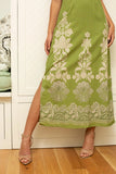 Anna Cate Collection Clothing Carlie Green Ivory Lace Floral Midi Style ACS24. Linen Blend Green with Ivory Floral Summer Midi Dress.  Summer event dress.