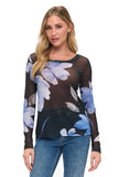 Ariella Clothing Floral Mesh Top Style T1785-P826. Women's black floral sheer mesh layering spring top in black with blue flowers.