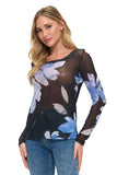 Ariella Clothing Floral Mesh Top Style T1785-P826. Women's black floral sheer mesh layering spring top in black with blue flowers.