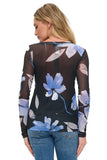 Ariella Clothing Floral Mesh Top Style T1785-P826. Women's black floral sheer mesh layering spring top in black with blue flowers.