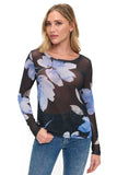 Ariella Clothing Floral Mesh Top Style T1785-P826. Women's black floral sheer mesh layering spring top in black with blue flowers.