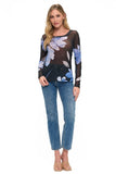 Ariella Clothing Floral Mesh Top Style T1785-P826. Women's black floral sheer mesh layering spring top in black with blue flowers.