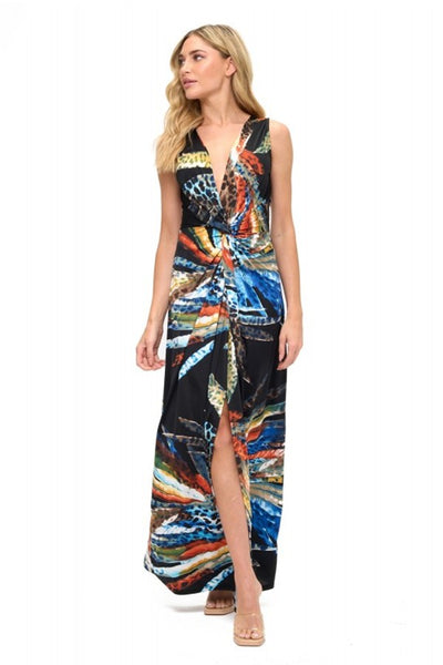 Ariella Co Clothing Twist Front Tank Maxi Dress Style D643-V1024 in Black Feather Print; Twist Front Maxi Dress; Summer Event Dress
