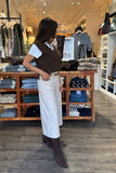 Astrid Clothing Emerson Pants Style 13-G01987J in Cream; Cream Corduroy Culotte Pant. Wide Leg Cropped Corduroy Pants styled and modeled at and by Bfree Boutique Warwick NY