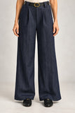 Astrid Clothing Pinstripe Trouser Style 11-U3576J in Navy; Navy Pinstripe, Wide leg, Belted Trouser Pant.