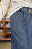 Astrid Clothing Pinstripe Trouser Style 11-U3576J in Navy; Navy Pinstripe, Wide leg, Belted Trouser Pant Styled and Modeled at bfree Warwick, NY