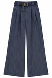 Astrid Clothing Pinstripe Trouser Style 11-U3576J in Navy; Navy Pinstripe, Wide leg, Belted Trouser Pant Flat Image