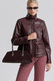 Avec Les Filles Clothing Faux-Ever Leather™ Basketweave Cropped Anorak Style 86679 in Burgundy;  Burgundy Faux Leather, funnel Neck Anorak Jacket