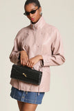 Avec Les Filles Faux-Ever Leather Anorak Style 85746 in Desert Rose. Women's Faux leather stand collar double breasted cinch waist spring jacket.