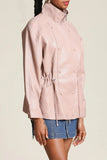 Avec Les Filles Faux-Ever Leather Anorak Style 85746 in Desert Rose. Women's Faux leather stand collar double breasted cinch waist spring jacket.