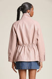 Avec Les Filles Faux-Ever Leather Anorak Style 85746 in Desert Rose. Women's Faux leather stand collar double breasted cinch waist spring jacket.