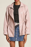 Avec Les Filles Faux-Ever Leather Anorak Style 85746 in Desert Rose. Women's Faux leather stand collar double breasted cinch waist spring jacket.