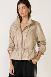 Avec Les Filles Faux-Ever Leather Cropped Anorak Style 85759 in Clay; Women's Faux Leather Stand Collar Cinch Waist Spring Jacket