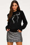 Beach Riot Apparel Jolene Sweater Black Bow Style BR57072RX in Black; Sequin Bow Graphic Holiday Sweatshirt