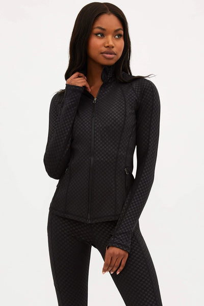 Beach Riot Reina Running Jacket Style BR35679 Blk in Black embossed Check;Black Track Jacket;Beach Riot Black Activewear Jacket; 