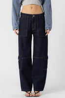 Beige Botany Clothing Low RIse Straight Leg Cargo Style A2341P in Dark Denim;Dark Denim Cargo Pant;Low Rise Denim Cargo PAnt; 