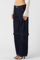 Beige Botany Clothing Low RIse Straight Leg Cargo Style A2341P in Dark Denim;Dark Denim Cargo Pant;Low Rise Denim Cargo PAnt; 