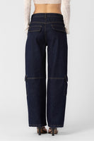 Beige Botany Clothing Low RIse Straight Leg Cargo Style A2341P in Dark Denim;Dark Denim Cargo Pant;Low Rise Denim Cargo PAnt; 