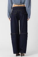 Beige Botany Clothing Low RIse Straight Leg Cargo Style A2341P in Dark Denim;Dark Denim Cargo Pant;Low Rise Denim Cargo PAnt; 