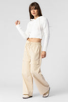 Beige Botany Cropped Knit Hoodie Style A2545J in Off White;women's cropped knit hoodie; 