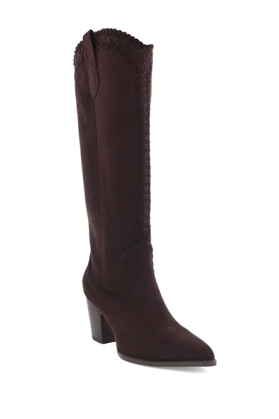 Billini Finley Boot in Chocolate Suede;suede cowgirl style boot;fall suede boot;brown suede to the knee boot; 