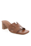 Billini Shoes Elcie in Tan; Tan Faux Leather Stack Heel Slide Mule Sandal